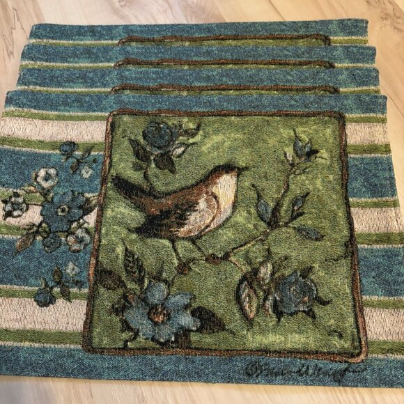 Set Of 4 Vtg Floral & Bird Tapestry Placemats Reversible - Picture 4 of 5